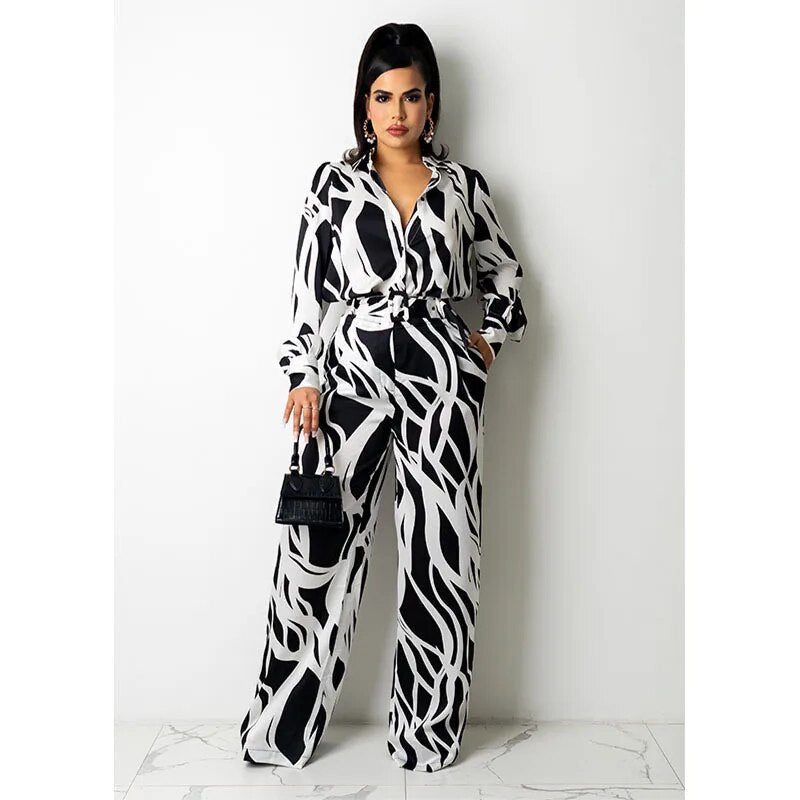 Selima - Women's long-sleeved, wide-leg wavy stripe jumpsuit