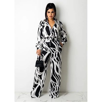 Selima - Women's long-sleeved, wide-leg wavy stripe jumpsuit