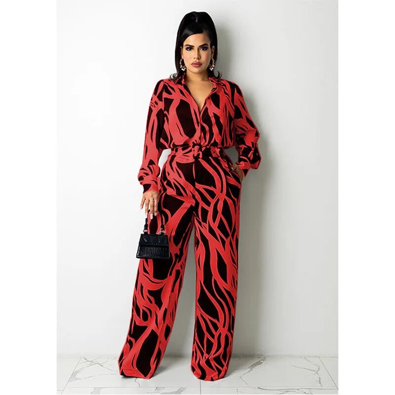 Selima - Women's long-sleeved, wide-leg wavy stripe jumpsuit