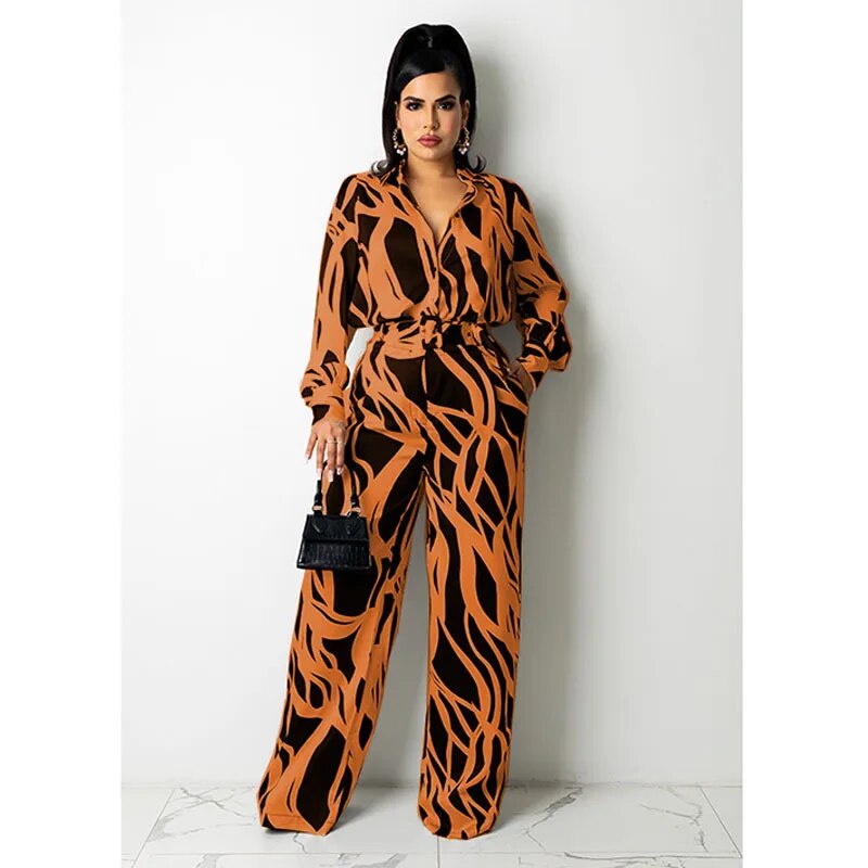 Selima - Women's long-sleeved, wide-leg wavy stripe jumpsuit