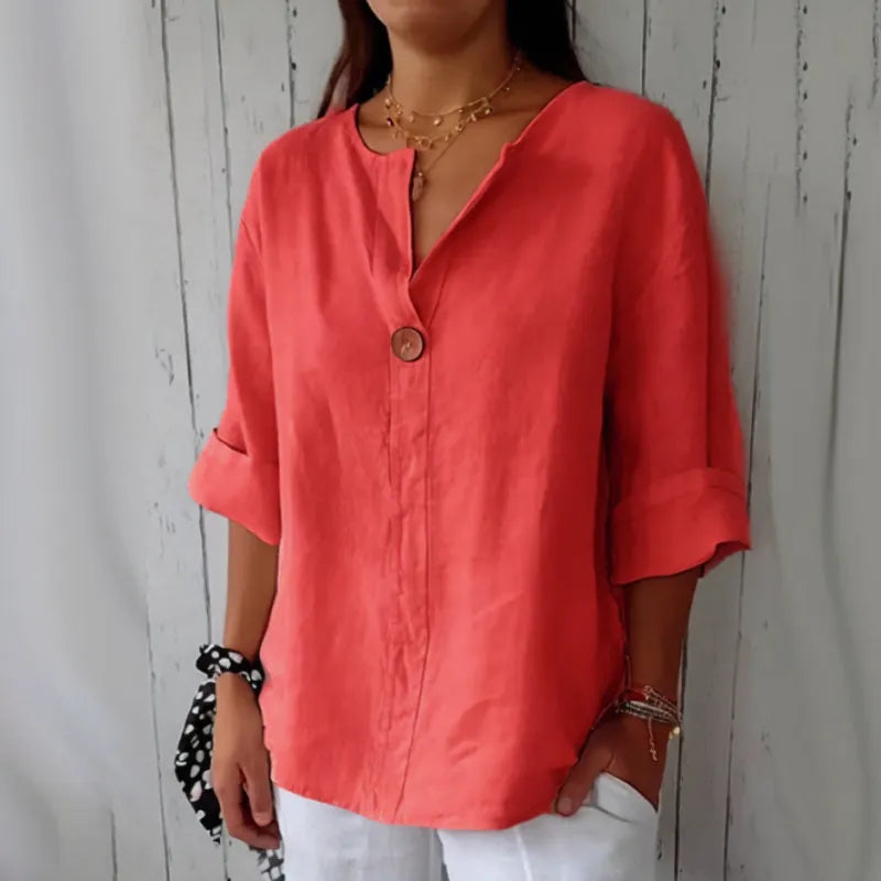 Charlotte | Stylish V-Neck Long Sleeve Cotton-Linen Blouse