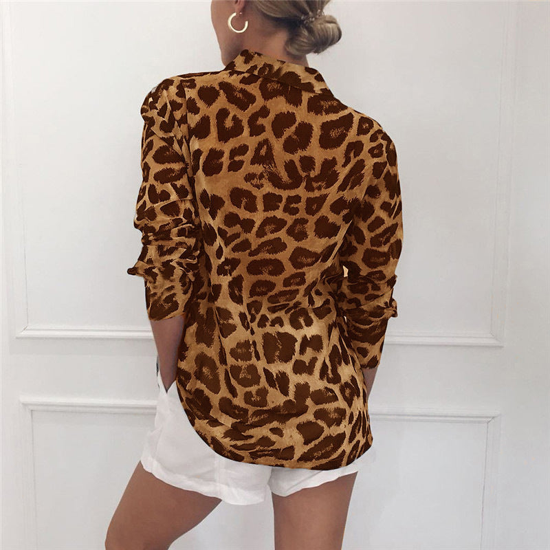 Kassie - Classy long-sleeved leopard print blouse Turn Down Collar