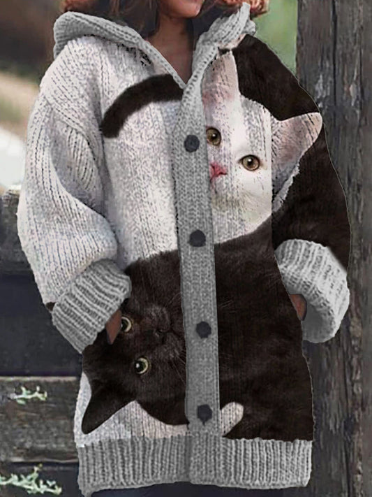 Emma | Bagua Cat Pattern Button Casual Hoodie Cardigan